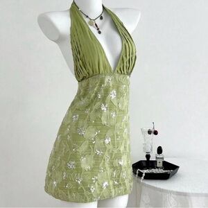 Source Unknown Olive Halter Mini Dress